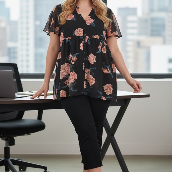 Torrid Black Floral High-Low Chiffon Tunic Blouse | Like New | Size 2X (18/20) - Picture 2 of 5